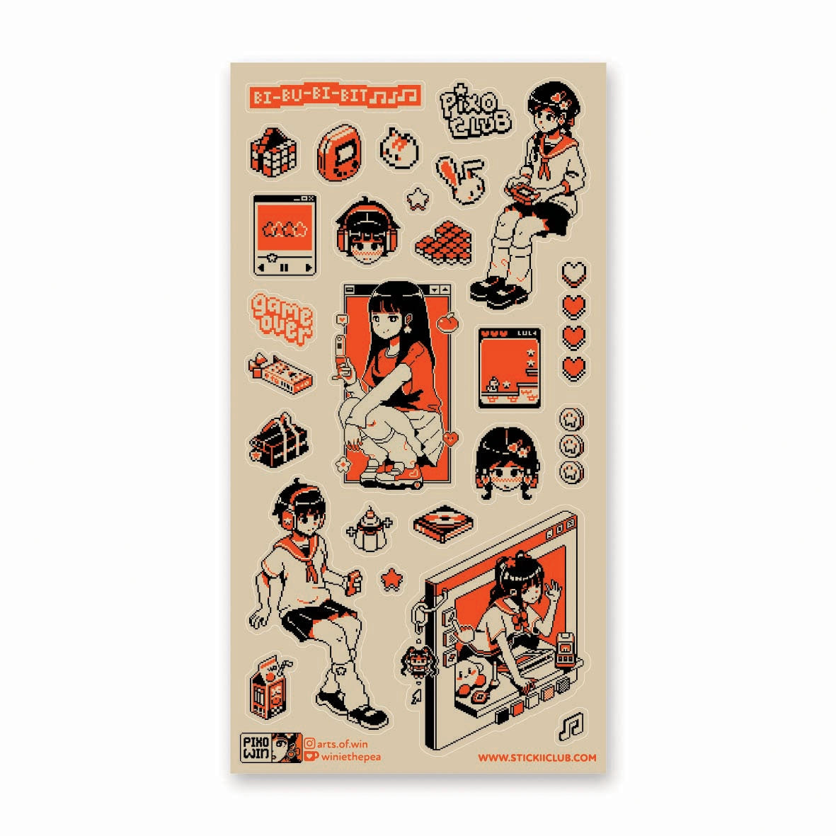 🕹️🧡 BI-BU-BI-BIT! Power up with @arts.of.win’s pixel-perfect dream squad, where retro vibes and arcade hearts collide. From handheld consoles and chunky headphones to rhythm-game screens and snack breaks mid-level, this crew is living life one extra life at a time. Whether you’re grinding for high scores or just vibing with your favorite chiptune, these stickers are a total game over (in the best way).

Art by: @arts.of.win

Top Coating: None
Adhesive Layer: PVC (plastic)
Backing Layer: Clear PET
6.69" x 