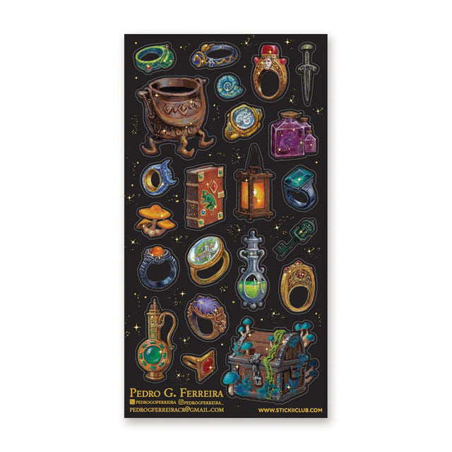 💎✨ Uncover a trove of arcane treasures with @pedrogferreira’s spellbinding collection, where jewels hum with ancient magic and glass bottles glow as if they’re still warm from a spell. Rings whisper of forgotten realms, lanterns hold captured light, and weathered chests promise secrets long hidden. Dark, opulent, and irresistibly mysterious, this sheet feels like opening a relic-filled drawer in a wizard’s study.