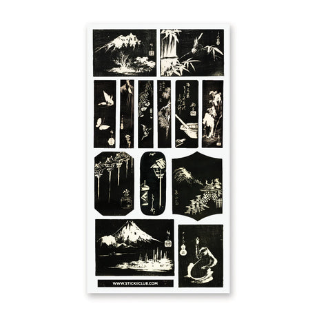 🖤⛰️ Steeped in shadow and stillness, this harimaze-inspired collection unfolds like a series of inked visions from another time. Snow-capped peaks, softly glowing lanterns, fleeting birds, and graceful calligraphy emerge in striking contrast, each scene capturing a moment suspended between past and present. Bold yet contemplative, this sheet carries the quiet power of night, history, and the beauty found in what remains unspoken.
