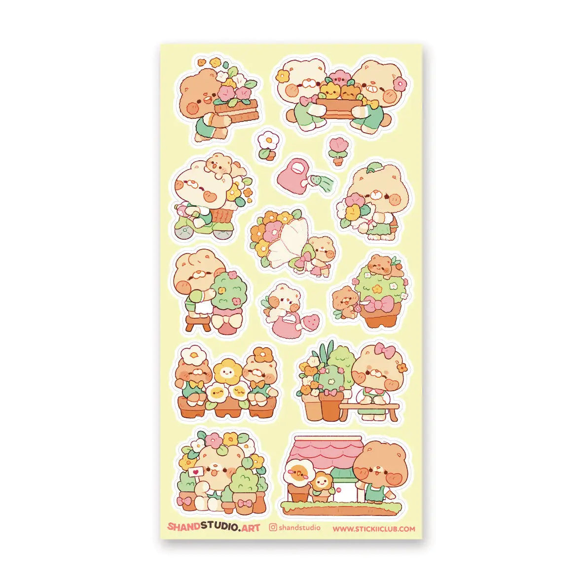 🐻💐 Step into @shandstudio’s blooming bear garden, where flower-loving friends spend their days planting seeds, watering blossoms, and sharing the prettiest petals around! From building cheerful bouquets to caring for potted plants and spreading joy one bloom at a time, this sheet will fill your pages with nonstop sunshine and smiles!

Art by: @shandstudio

Top Coating: None
Adhesive Layer: Paper
Backing Layer: Clear PET
6.69" x 3.54".
Weight - 0.03lbs.
1 sheet included