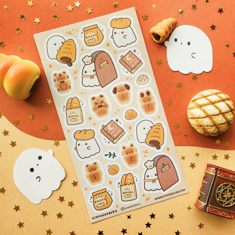 🥐👻 Boo-tiful breads, fresh from the oven! This adorable sheet by @strawbabery whisks you into a ghost-run bakery where the flour is magical and the buns are unbearably cute. From bear-shaped loaves and bunny rolls to bakery bags stuffed with golden baguettes, this set will add just the right dash of sweet and spooky to your day.

Art by: @strawbabery

Top Coating: None
Adhesive Layer: PVC (plastic)
Backing Layer: Clear PET
6.69" x 3.54".
Weight - 0.03lbs.
1 sheet included &nbsp; &nbsp;
