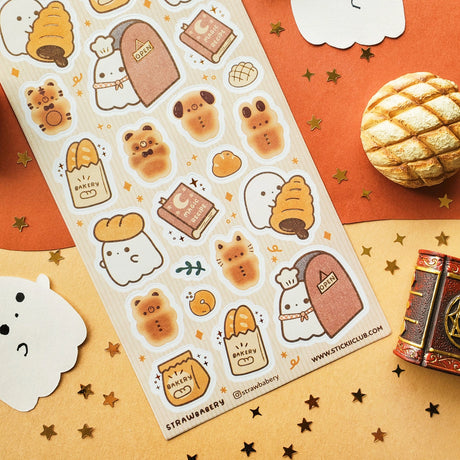 🥐👻 Boo-tiful breads, fresh from the oven! This adorable sheet by @strawbabery whisks you into a ghost-run bakery where the flour is magical and the buns are unbearably cute. From bear-shaped loaves and bunny rolls to bakery bags stuffed with golden baguettes, this set will add just the right dash of sweet and spooky to your day.

Art by: @strawbabery

Top Coating: None
Adhesive Layer: PVC (plastic)
Backing Layer: Clear PET
6.69" x 3.54".
Weight - 0.03lbs.
1 sheet included &nbsp; &nbsp;