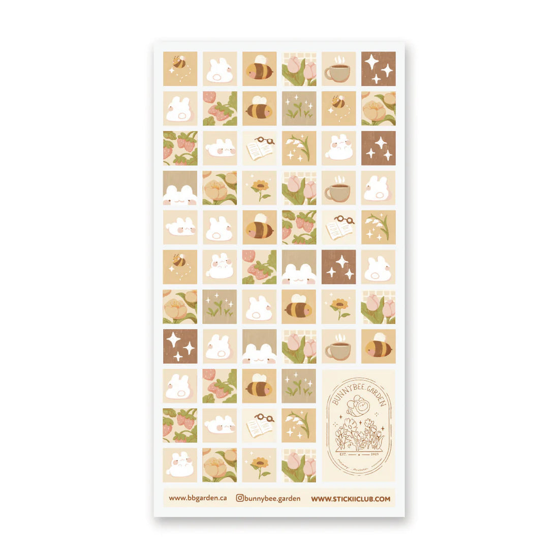🌻🐝 Buzz on over to @bunnybee.garden’s whimsical garden, where chubby bunny-bees flutter through fields of flowers and cozy mushroom hideaways. From watering plants and zooming past blooming petals to splashing in puddles and snoozing in grassy corners, this sheet is bee-yond adorable.


Art by: @bunnybee.garden

Top Coating: None
Adhesive Layer: Paper
Backing Layer: Clear PET
6.69" x 3.54".
Weight - 0.03lbs.
1 sheet included