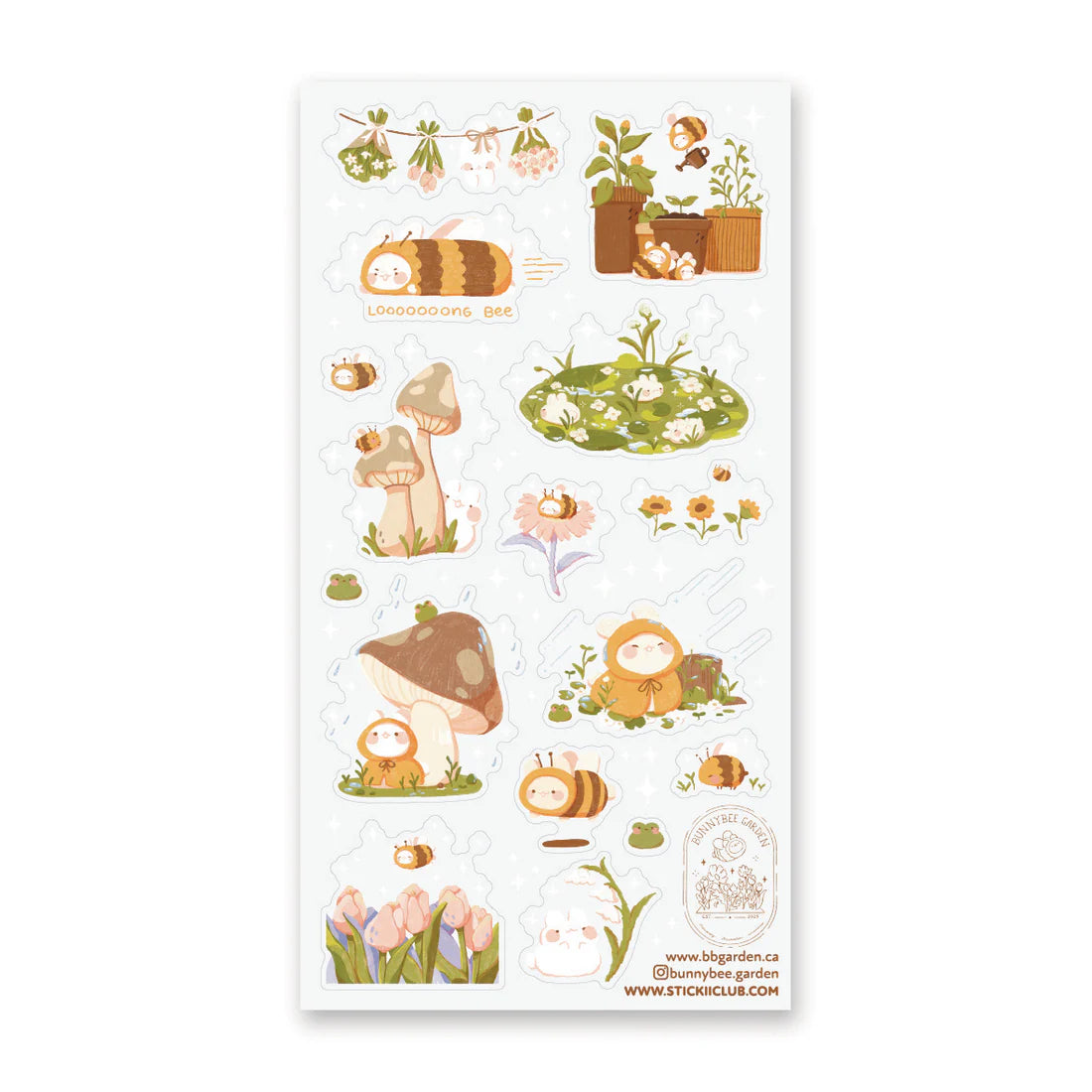 🌻🐝 Buzz on over to @bunnybee.garden’s whimsical garden, where chubby bunny-bees flutter through fields of flowers and cozy mushroom hideaways. From watering plants and zooming past blooming petals to splashing in puddles and snoozing in grassy corners, this sheet is bee-yond adorable.

Art by: @bunnybee.garden

Top Coating: None
Adhesive Layer: PVC (plastic)
Backing Layer: Clear PET
6.69" x 3.54".
Weight - 0.03lbs.
1 sheet included 