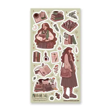 Enjoy a beautiful sticker sheet that embodies the coziness of academia by @marigonasuliart! This sticker sheet features lots of books and other comfortable elements that depict the peaceful environment within academia.