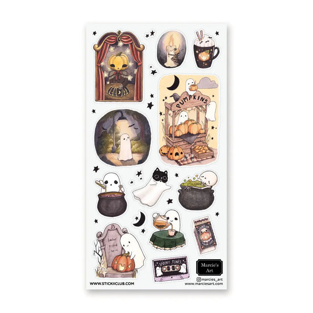 🕯️🎃 Cozy up with the gentle ghosts of @marcies_art! From candlelit strolls and pumpkin patch visits to bubbling cauldrons, warm drinks, and moonlit markets, this charming crew proves that spooky season can be equal parts spooky and heartwarming. With storybook vibes, glowing lanterns, and the sweetest little specters, this sheet feels like a quiet autumn night wrapped in magic.

Art by: @marcies_art

Top Coating: None
Adhesive Layer: Paper
Backing Layer: Clear PET
6.69" x 3.54".