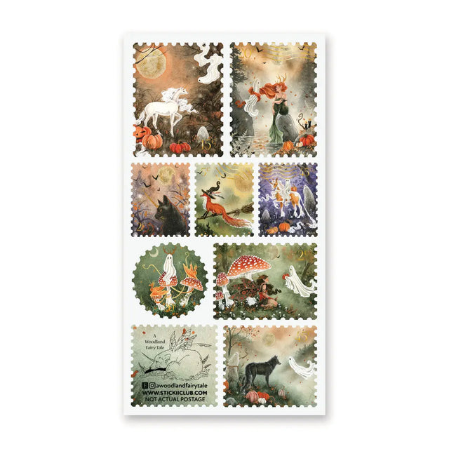  🍂🦌 Drift into a misty autumn fairytale with @awoodlandfairytale’s magical set. From ghostly forest wanderers and moonlit unicorns to mushroom glades, witchy flights, and enchanted woodland creatures, each illustration feels like a window into a storybook realm. With warm fall hues, dreamy textures, and soft supernatural charm, this collection captures the quiet magic of fall nights in the woods.

Art by: @awoodlandfairytale

Top Coating: None
Adhesive Layer: Paper
Backing Layer: Clear PET
6.69" x 3.54".
