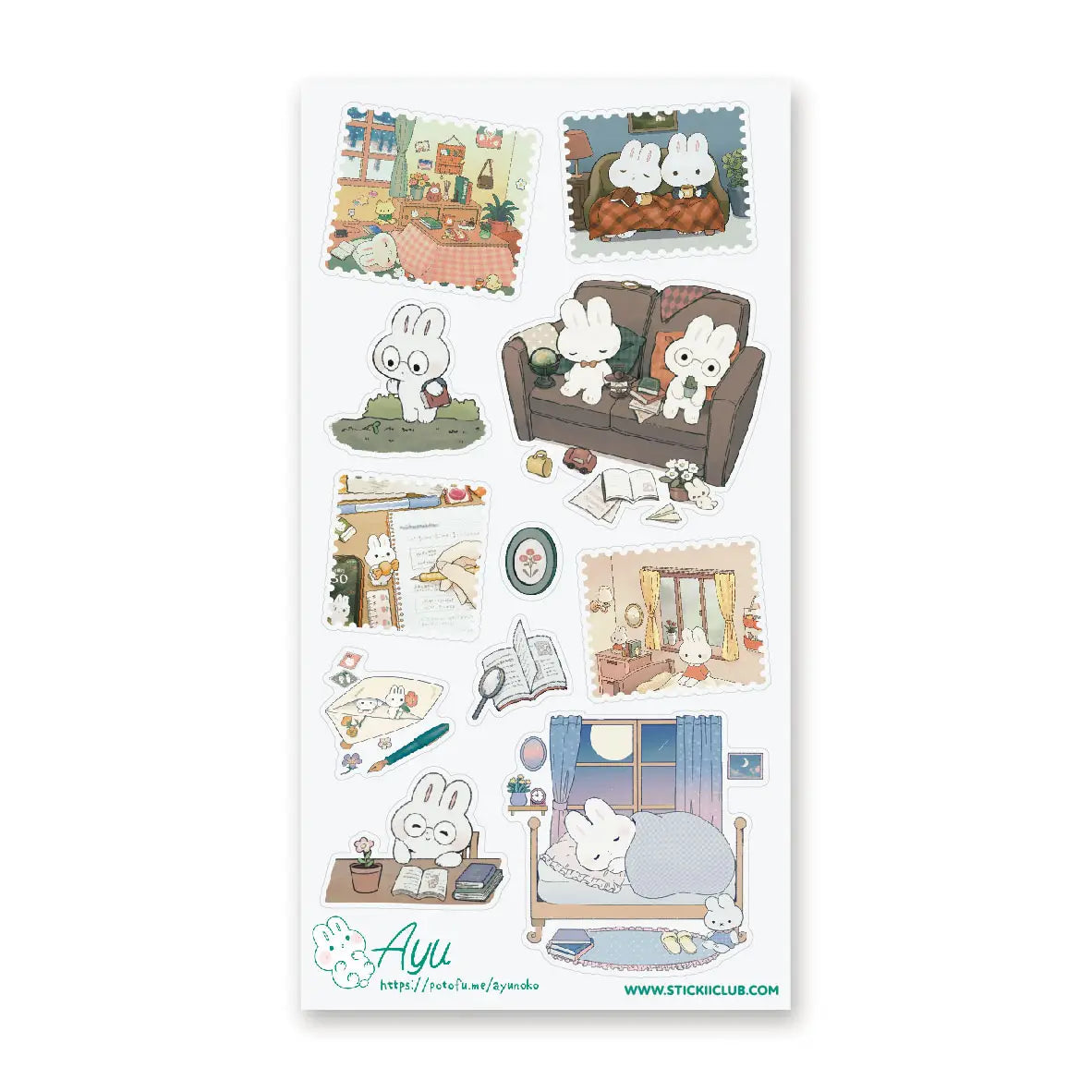 🐰🛌 Join @round_frog_’s lovely little bunnies as they hop through their darling daily adventures! These bookish buns can’t imagine a day without snuggling up with their favorite stories. Whether they’re scribbling away at their desk or drifting into dreamland next to a treasured book, they’re living their best literary life—and they couldn’t be happier! Art by: @round_frog_

Top Coating: None
Adhesive Layer: Paper
Backing Layer: Paper
6.69" x 3.54".
Weight - 0.03lbs.
