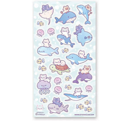 Dive into an ocean of cuteness with this dreamy underwater adventure by @milkkoyo! These adorable kitties hitch a ride on friendly sea creatures, gliding alongside whales, rays, turtles, and jellyfish as they drift through bubbly blue waters. This sheet feels like a gentle swim through a magical sea where friendship and fun always float to the surface.
