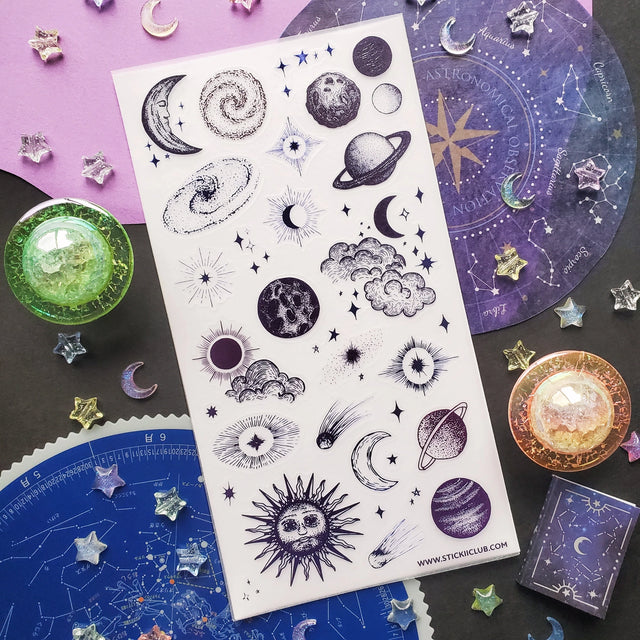 🌞🌙 Blast off into a universe of bold stars, swirling galaxies, and glowing celestial wonders! This cosmic collection is packed with suns that shimmer, moons that glow, and starbursts that practically hum with energy. With textured details and punchy pops of purple, every design feels like a little spark pulled straight from the night sky. Perfect for sprinkling a little cosmic magic wherever you want your pages to shine ✨