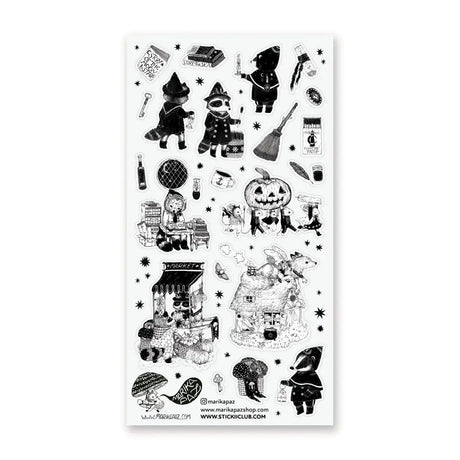 🕯️🦝 Wander into a mysterious little village where masked wanderers, pumpkin parades, potion sellers, and enchanted creatures gather beneath star-speckled skies. Filled with storybook characters, magical markets, cozy cottages, and curious nighttime rituals, this beautifully illustrated sheet by @marikapaz feels like a page pulled from a spooky fairytale. With rich vintage textures and whimsical details, every sticker invites you to explore a world where magic lingers in every shadow and wonder waits aroun