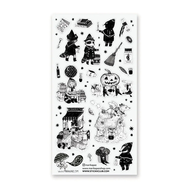 🕯️🦝 Wander into a mysterious little village where masked wanderers, pumpkin parades, potion sellers, and enchanted creatures gather beneath star-speckled skies. Filled with storybook characters, magical markets, cozy cottages, and curious nighttime rituals, this beautifully illustrated sheet by @marikapaz feels like a page pulled from a spooky fairytale. With rich vintage textures and whimsical details, every sticker invites you to explore a world where magic lingers in every shadow and wonder waits aroun