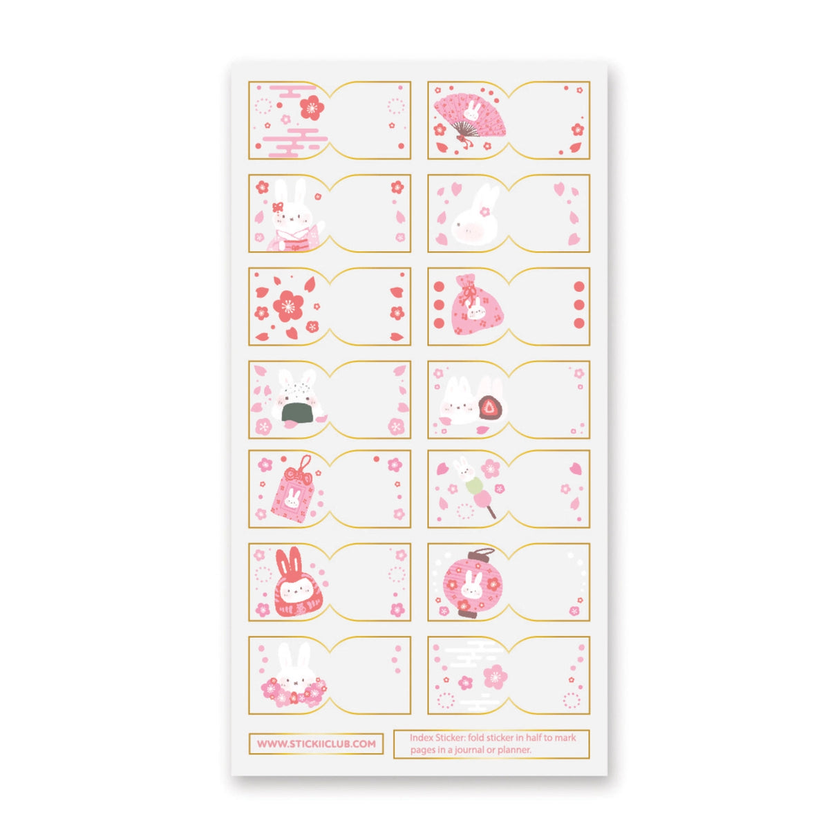 STICKII - Usagi Sakura Tabs Sticker Sheet

These clear tabs will make any journal, planner, or notebook at least 120% cuter! Nothing says springtime adorableness like bunnies and cherry blossoms.

Top Coating: Gold foil
Adhesive Layer: PVC (plastic)
Backing Layer: Clear PET
6.69" x 3.54".
Weight - 0.03lbs.
1 sheet included&nbsp;
