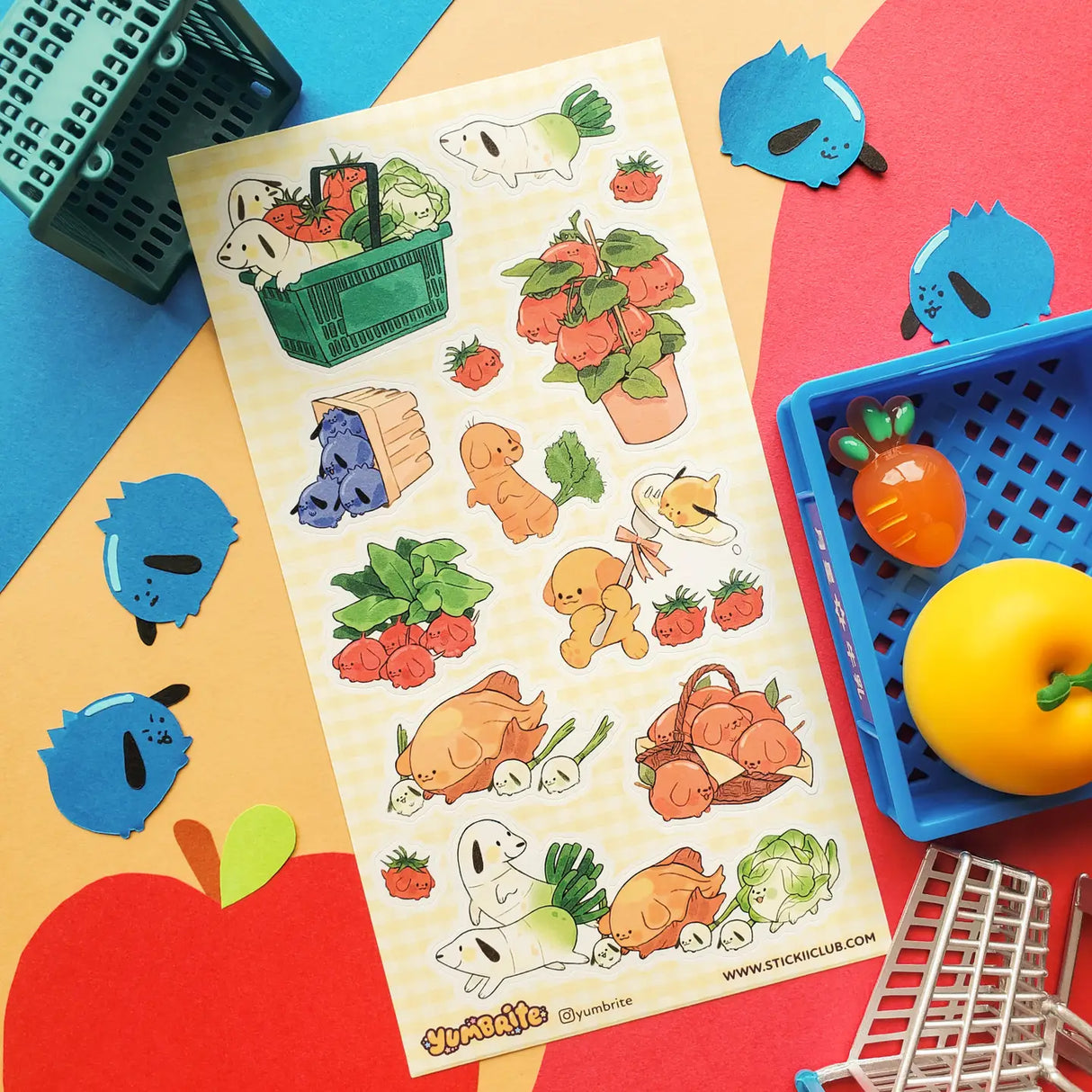 🥕🐶 Let’s go to the cutest farmers market ever with @yumbrite’s veggie pups! From carrot doggos zooming around with leafy greens to tomato buddies piling into produce baskets, these pals take “farm to table” fun very seriously. Packed with fresh produce, playful pups, and wholesome charm, this sheet has us excited for our greens!

Art by: @yumbrite

Top Coating: None
Adhesive Layer: Paper
Backing Layer: Paper
6.69" x 3.54".
Weight - 0.03lbs.
1 sheet included 