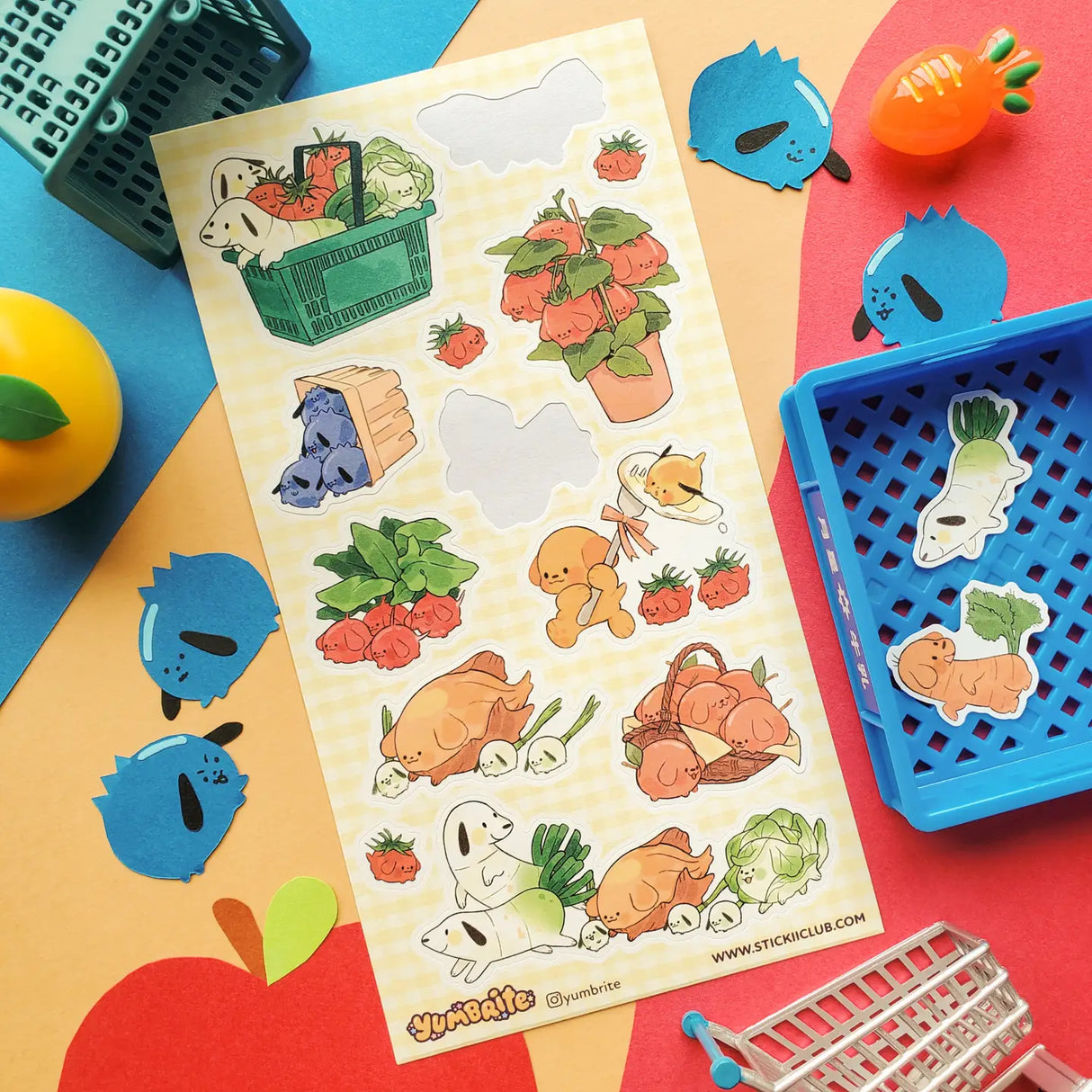 🥕🐶 Let’s go to the cutest farmers market ever with @yumbrite’s veggie pups! From carrot doggos zooming around with leafy greens to tomato buddies piling into produce baskets, these pals take “farm to table” fun very seriously. Packed with fresh produce, playful pups, and wholesome charm, this sheet has us excited for our greens!

Art by: @yumbrite

Top Coating: None
Adhesive Layer: Paper
Backing Layer: Paper
6.69" x 3.54".
Weight - 0.03lbs.
1 sheet included 