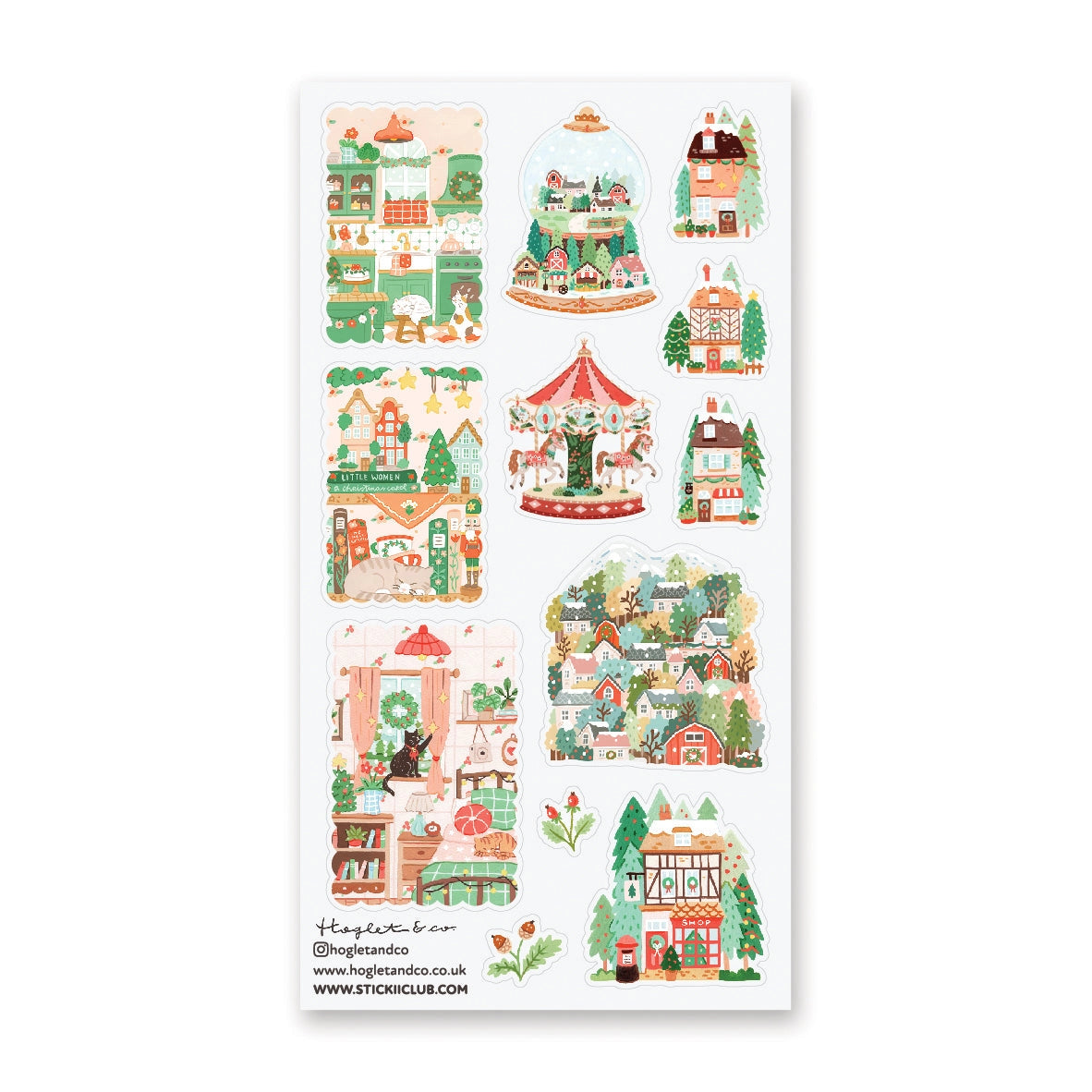 🎄🏡 Welcome to @hogletandco’s cozy winter village! From twinkling carousels to snowy cottages and curious cats by snowy windows, this charming town is brimming with holiday cheer. Take a stroll through festive markets, peek into storybook shops, and watch the magic of the season unfold.

Top Coating: None
Adhesive Layer: PVC (plastic)
Backing Layer: Clear PET
6.69" x 3.54".
Weight - 0.03lbs.
1 sheet included&nbsp;