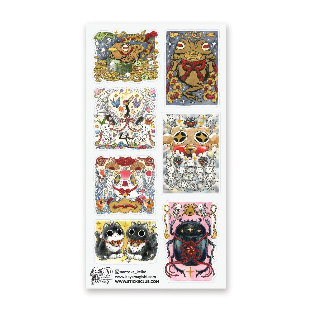 🪙🐸 Luck meets mischief in this enchanting sheet by @nantoka_keiko. In this wild festival of fortune: coin-loving frogs, dancing skeletons, and quirky spirit creatures stack coins, ring bells, and summon good vibes in the most unexpected ways. Stick them anywhere you need a boost of magic, sparkle, and playful fortune!

Art by: @nantoka_keiko