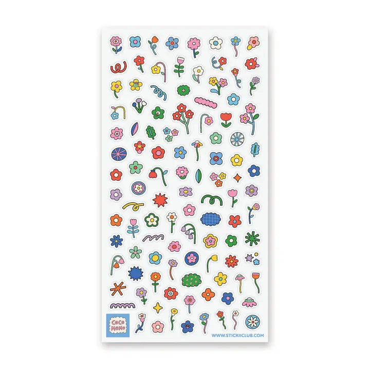 From retro daisies and funky florals to sweet little sprouts and starry blossoms, this sheet is like a pocket-sized garden you can take anywhere. Scatter them across your pages and watch your spreads bloom!

Art by @cocomomo

Top Coating: None
Adhesive Layer: PVC (plastic)
Backing Layer: Clear PET
6.69" x 3.54".
Weight - 0.03lbs.
1 sheet included