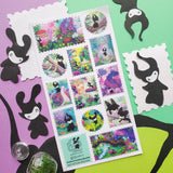 🌳🍄 Stamp your passport and hang on to it tight or one of these cuties might get curious! This whimsical sheet by @pabkins features curious little forest spirits that dart between mushrooms, bottle secret spells, ride friendly snails, and splash through ancient streams. They got a penchant for exploring, and they want you to join (sometimes unknowingly!)

&nbsp;Art by: @pabkins

Top Coating: Silver foil&nbsp;
Adhesive Layer: Paper&nbsp;
Backing Layer: Clear PET
6.69" x 3.54".
Weight - 0.03lbs.
1 sheet incl