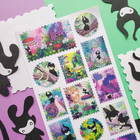 🌳🍄 Stamp your passport and hang on to it tight or one of these cuties might get curious! This whimsical sheet by @pabkins features curious little forest spirits that dart between mushrooms, bottle secret spells, ride friendly snails, and splash through ancient streams. They got a penchant for exploring, and they want you to join (sometimes unknowingly!)

&nbsp;Art by: @pabkins

Top Coating: Silver foil&nbsp;
Adhesive Layer: Paper&nbsp;
Backing Layer: Clear PET
6.69" x 3.54".
Weight - 0.03lbs.
1 sheet incl