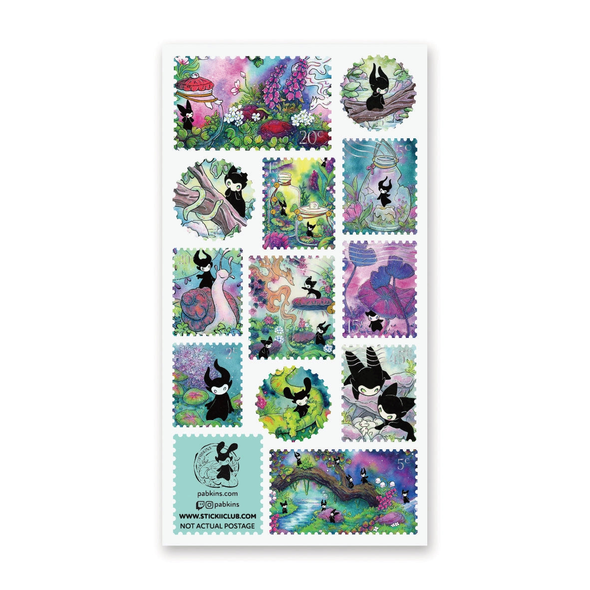 🌳🍄 Stamp your passport and hang on to it tight or one of these cuties might get curious! This whimsical sheet by @pabkins features curious little forest spirits that dart between mushrooms, bottle secret spells, ride friendly snails, and splash through ancient streams. They got a penchant for exploring, and they want you to join (sometimes unknowingly!)

&nbsp;Art by: @pabkins

Top Coating: Silver foil&nbsp;
Adhesive Layer: Paper&nbsp;
Backing Layer: Clear PET
6.69" x 3.54".
Weight - 0.03lbs.
1 sheet incl