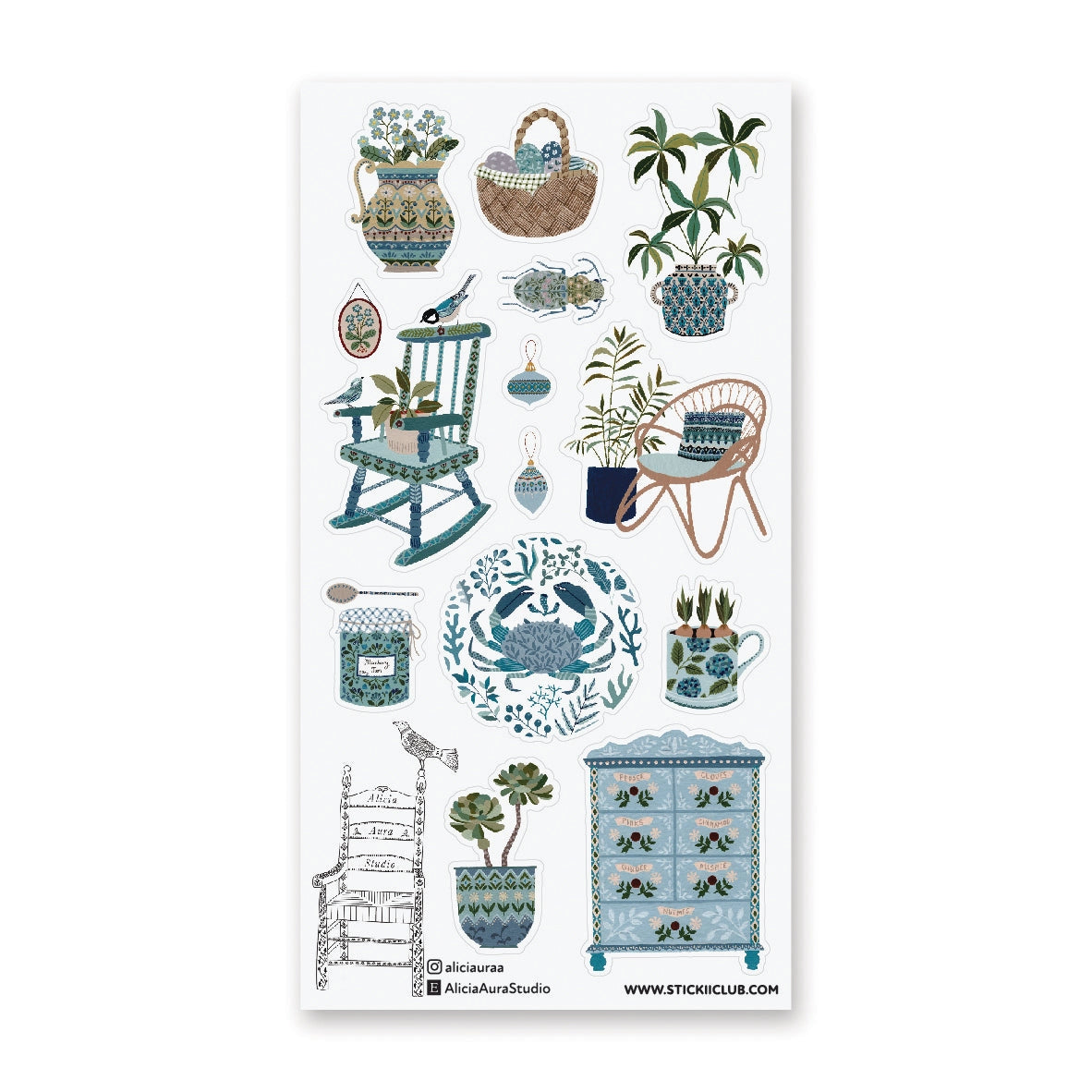 STICKII Serene Botanical Home Sticker Sheet

🪴🪑 In a quaint cottage by the sea, rocking chairs wait by sunny windows, painted pots overflow with plant life, and a spice cabinet murmurs its secrets. With gorgeous details and soft blue hues, @aliciauraa’s designs take us to a serene home where every object holds a story.