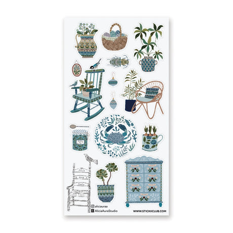 STICKII Serene Botanical Home Sticker Sheet

🪴🪑 In a quaint cottage by the sea, rocking chairs wait by sunny windows, painted pots overflow with plant life, and a spice cabinet murmurs its secrets. With gorgeous details and soft blue hues, @aliciauraa’s designs take us to a serene home where every object holds a story.