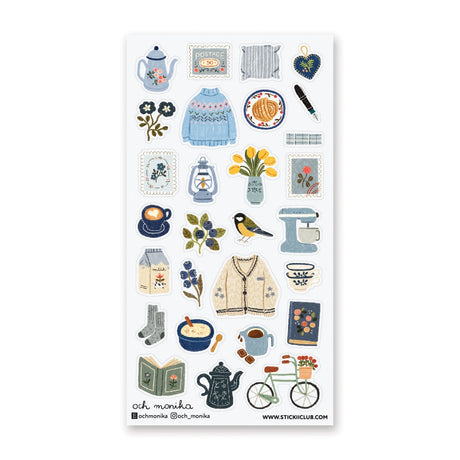 STICKII Sweater Weather Joy Sticker Sheet

🫖📖 With warm knits and teapots, brew a cozy daydream with @och_monika’s delightful set. From the soft blue sweater, a reminder of autumn days, to a vintage bicycle rolling through the garden, these designs invite us to slow down, sip some tea, and savor life’s simple pleasures.