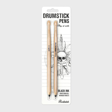 For desk drummers, restless tappers &amp; future rock legends. A pair of drumsticks cleverly disguised as pens, ready for meetings, maths lessons or impromptu solos on the nearest tabletop. Perfect for anyone convinced they're the next Phil Collins. Practice your paradiddles, look busy at work, then get back to annoying the neighbours. Smaller than a drum kit, cheaper than a drum kit, and considerably easier to fit in a pencil case. A great gift for fidgety fingers.

Black Ink
Ballpoint pens shaped like dru