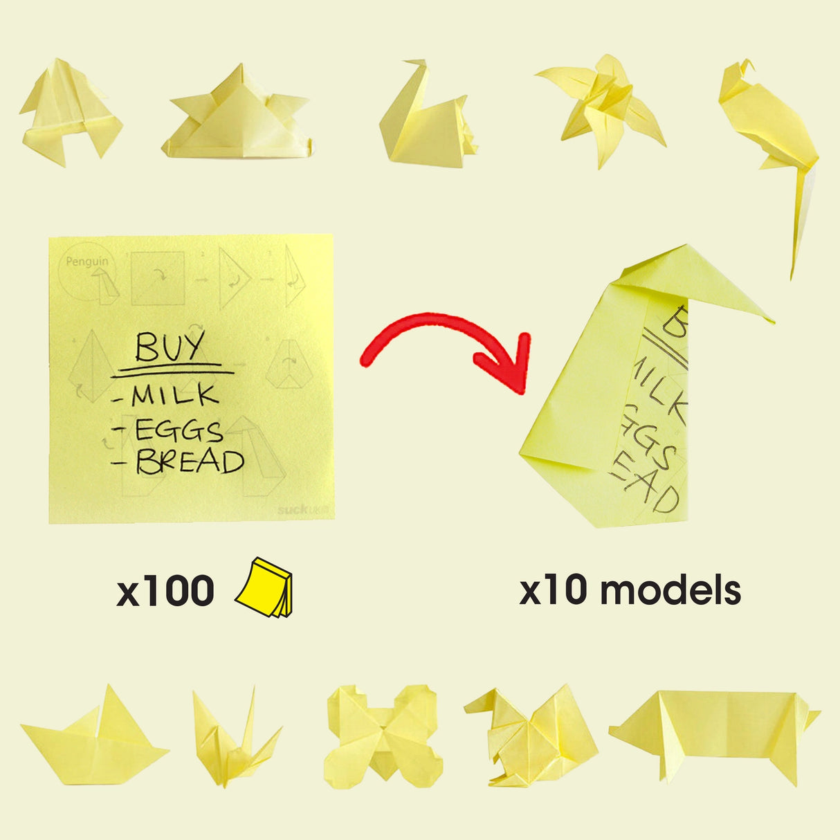 Origami Sticky Note Pad is a little something for those dull moments at the office. Recycle your old sticky notes and turn them in to fun paper origami models. Each pad has instructions for 10 different shapes, including: pig; penguin; boat; crane; butterfly; squirrel; lily and waterbomb. Recycle old notes by following the instructions on the top most clean sheet.

Pack of 100 Useful sticky Notes.
Pack of 100 Origami challenges.
10 different models to build.
Challenge yourself!