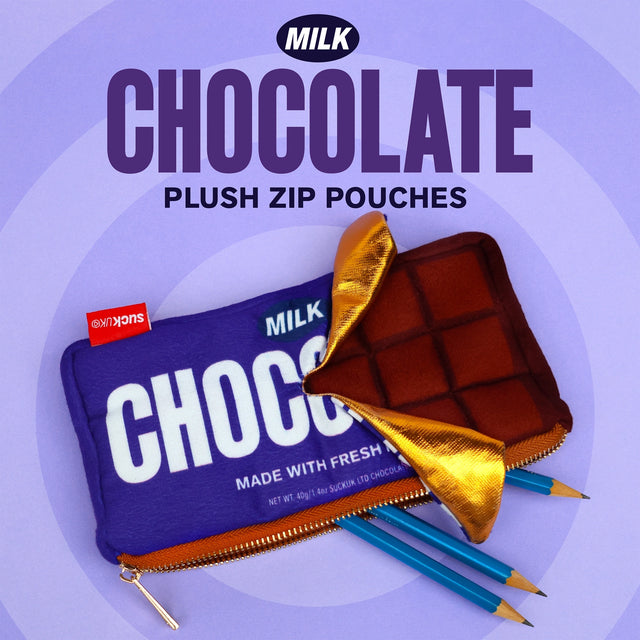 Plush chocolate bar shaped case with gold zip. Store your belongings in style by tucking them into this sweet treat. Yum!

Juicy, tasty, sweet and sour. And very cute. Stuff your stuff into something soft, and squishy. Delicious looking plush zip pouches look like foodie treats but instead of calories, they hold your everyday essentials. From cheesy slices to sickly treats, each pouch is designed to be irresistible and practical. Perfect for pens, cables, cosmetics, or whatever bits and bobs you need to sta