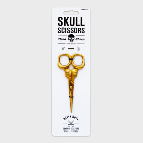 SUCK UK Skull Scissors

Shockingly sharp stainless-steel scissors with a brass finish. From hair-raising haircuts to creepy paper crafts, these heavy-duty general use scissors are both handy and haunting in equal measure. For all eerie everyday tasks, these handy and haunting scissors are tough yet precise. Truly multipurpose, use them to trim your plants, snip your needlework, or even groom your facial hair. Durable stainless steel blades and full metal construction allows them to cut through fabric, paper