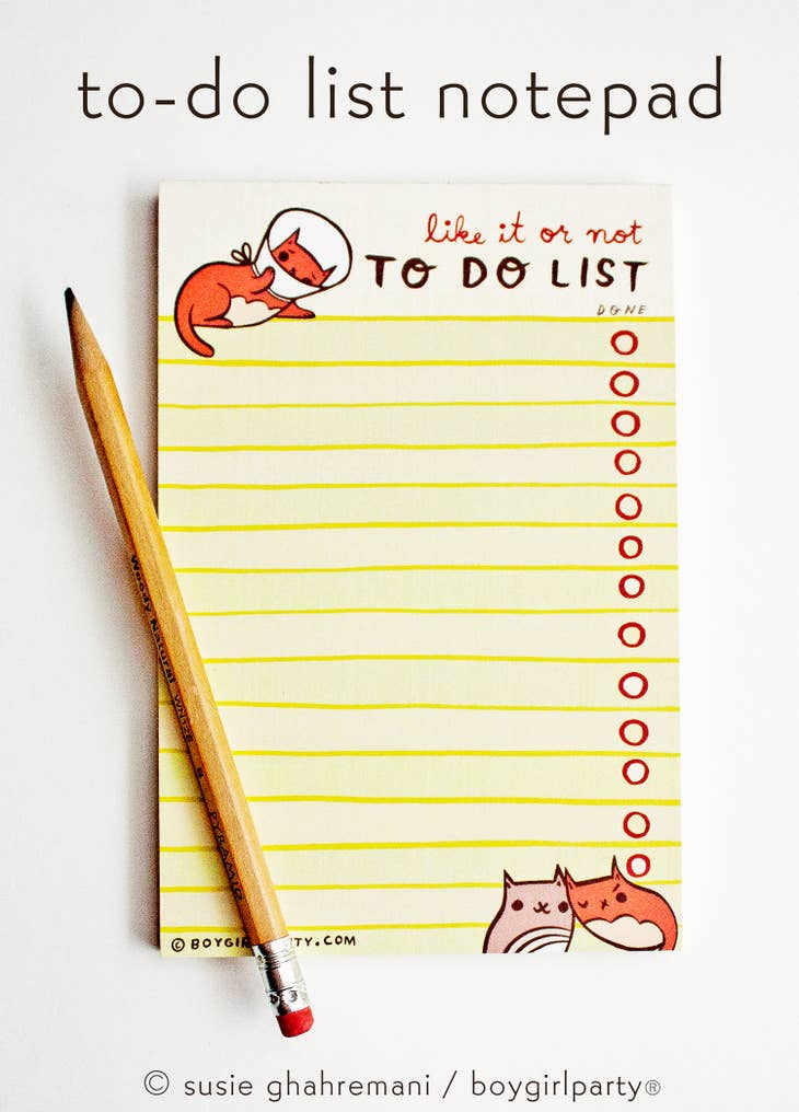 Bloc de notas con lista de tareas pendientes para gatos tristes
