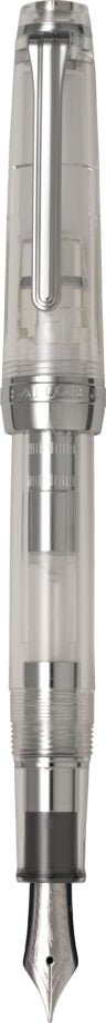 The Sailor Pro Gear Transparent fountain pen has a clear barrel with silver trim. The pen has been fitted with a 14k solid gold nib that has been rhodium plated to match.

Pro Gear Slim size
14k gold nib with Rhodium plating
Includes 2 proprietary black ink cartridge and 1 converter