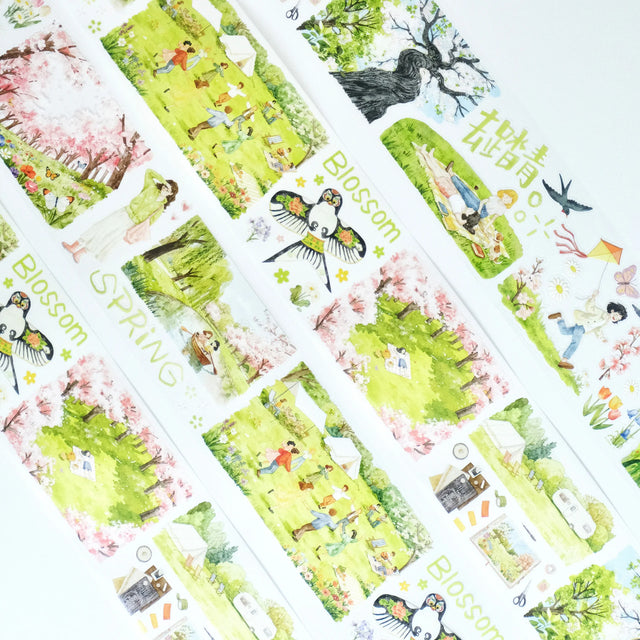 Step into a world where spring never ends. Our Sakura Voyage tape is a panoramic journey through a watercolor dreamland. Featuring hand-painted sceneries of weeping willows swaying in the breeze, vibrant kites dancing in the sky, and soft cherry blossoms in full bloom, every inch tells a story. 

Brand: WT ( The Washi Tape Shop)
Pre-cut Wide Washi/PET Tape
Size: 70mm×5m
Design Loop: 100cm
Material: Washi Tape / PET Clear Tape