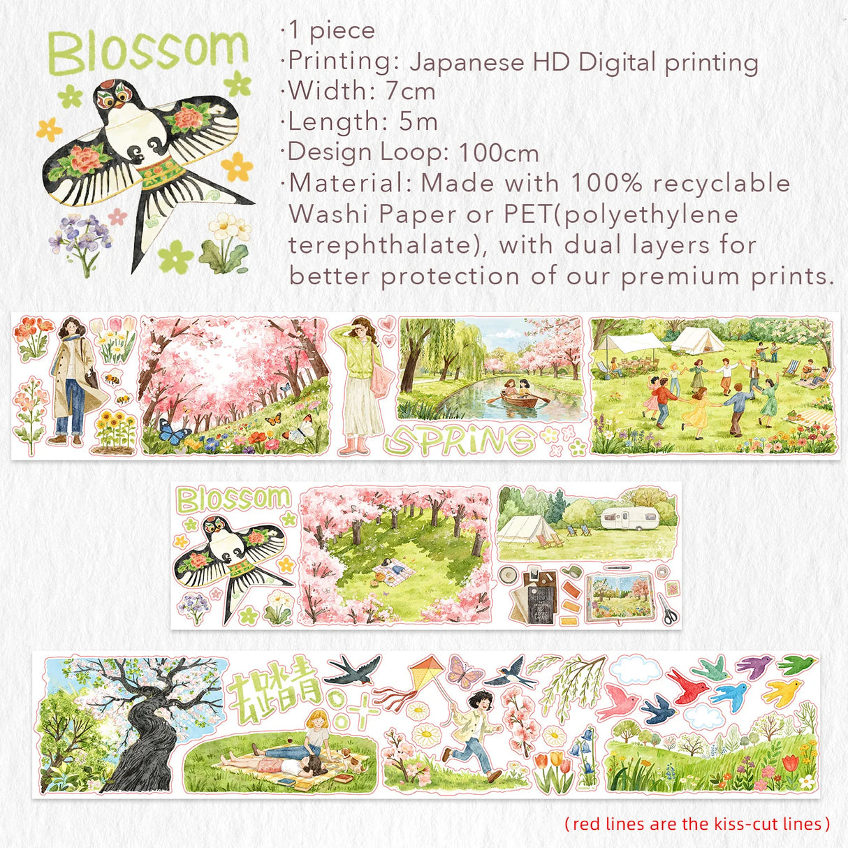 Step into a world where spring never ends. Our Sakura Voyage tape is a panoramic journey through a watercolor dreamland. Featuring hand-painted sceneries of weeping willows swaying in the breeze, vibrant kites dancing in the sky, and soft cherry blossoms in full bloom, every inch tells a story. 

Brand: WT ( The Washi Tape Shop)
Pre-cut Wide Washi/PET Tape
Size: 70mm×5m
Design Loop: 100cm
Material: Washi Tape / PET Clear Tape