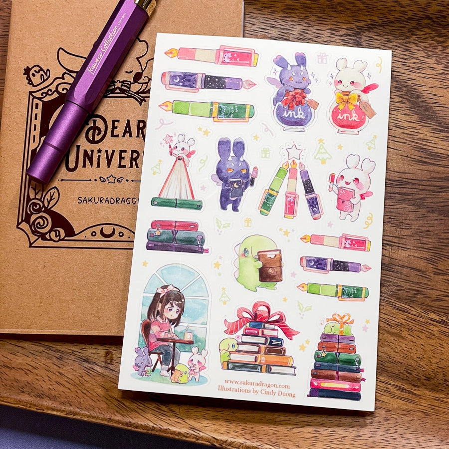 With the opening of Enchanted Things Stationery Shop, Tiny RPG Universe is celebrating all things fountain pens and journals (and stationery) this holiday! It's the perfect way to encourage everyone around you to start getting those healthy habits in for the new year!

Dimensions:
4in x 6in sticker sheet with die-cut stickers

Material
Vinyl w/ Matte Finish
