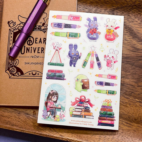 With the opening of Enchanted Things Stationery Shop, Tiny RPG Universe is celebrating all things fountain pens and journals (and stationery) this holiday! It's the perfect way to encourage everyone around you to start getting those healthy habits in for the new year!

Dimensions:
4in x 6in sticker sheet with die-cut stickers

Material
Vinyl w/ Matte Finish