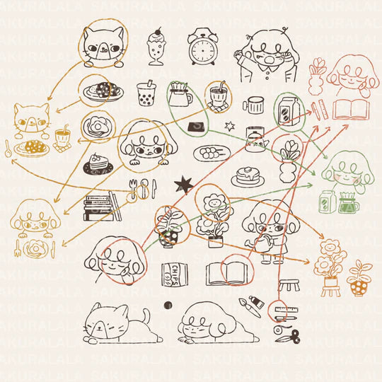 It starts with being woken up by an alarm clock, eating, drinking, watering flowers, enjoying notebook time, reading, and rumbling. Pepper's expression and gestures are very adorable stamps. My partner cat is also cute! It is practical and easy to use as a notebook.

This stamp set is a collaboration between Sakuralala and Love Soup, an Australian artist based in Japan that illustrates pictures of Lazy Girl Pepper. These stamps are the perfect addition for your journal or planner!