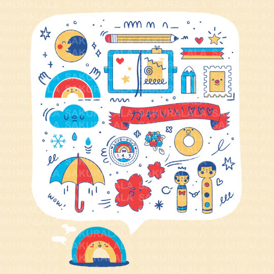 A clear stamp created in collaboration with Rainbowholic "Kawaii Journaling". Rainbowholic rainbows, Sakuralala cherry blossoms, notebooks and pencils, stamps and labels... It is packed with stamps that will be a cute accent for your notebook or journal. Please try to make a cute journal!
