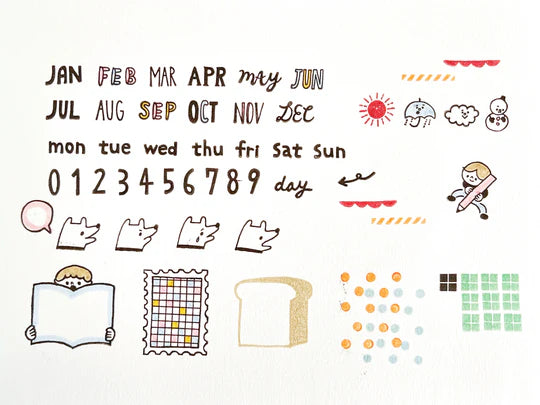 These stamps are just what you're looking for to start a new notebook at the beginning of the year! 963hanko's cute letters such as the month, day of the week, and numbers, weather marks, dogs of joy, anger, sorrow, and other motifs and patterns that can also be used as date labels. As the name of the stamp of "Planning Buddy" suggests, it's sure to be your buddy!