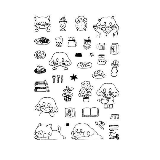 It starts with being woken up by an alarm clock, eating, drinking, watering flowers, enjoying notebook time, reading, and rumbling. Pepper's expression and gestures are very adorable stamps. My partner cat is also cute! It is practical and easy to use as a notebook.

This stamp set is a collaboration between Sakuralala and Love Soup, an Australian artist based in Japan that illustrates pictures of Lazy Girl Pepper. These stamps are the perfect addition for your journal or planner!