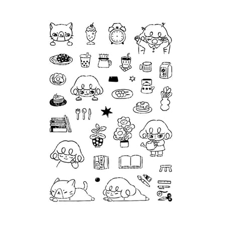 It starts with being woken up by an alarm clock, eating, drinking, watering flowers, enjoying notebook time, reading, and rumbling. Pepper's expression and gestures are very adorable stamps. My partner cat is also cute! It is practical and easy to use as a notebook.

This stamp set is a collaboration between Sakuralala and Love Soup, an Australian artist based in Japan that illustrates pictures of Lazy Girl Pepper. These stamps are the perfect addition for your journal or planner!