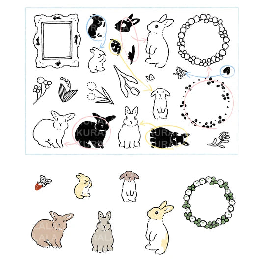 This collaboration with Moriyama, who has a wonderful shop in Ota Ward, Tokyo, and Shiko Moriyama, an illustrator who draws adorable rabbits.

"Fluffy Frames" is a clear stamp with cute frames that can be used in a notebook. Rabbit's stamps are divided into base outline stamps and coloring stamps that serve as patterns. You can stamp it in any color you like, so if you have a rabbit in your family, please try stamping it in the color of "my child"!