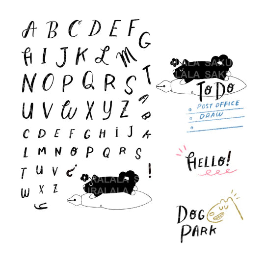 Clear stamp "Vincent's Alphabet" was created in collaboration with Paper Plant Co. The owner, Friedia, has a cute alphabet stamp with an atmospheric and gentle typeface.

This stamp set is a collaboration between Sakuralala and Paper Plant Co., a stationery store located in Los Angeles, USA. The dog that appears in the Paper Plants Co. shop logo and clear stamp is Vincent, who is also the store's mascot. These stamps are the perfect addition for your journal or planner!