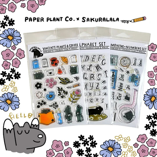 Clear stamp "Vincent's Plants & Coffee" was created in collaboration with Paper Plant Co. This stamp set can be enjoyed in a variety of ways, such as stamping the mascot characters Vincent and Coffee Cat to hold notebooks, coffee, bread, etc., or making a colorful flower bag ground.