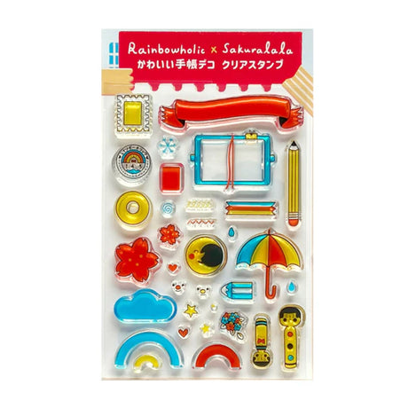 A clear stamp created in collaboration with Rainbowholic "Kawaii Journaling". Rainbowholic rainbows, Sakuralala cherry blossoms, notebooks and pencils, stamps and labels... It is packed with stamps that will be a cute accent for your notebook or journal. Please try to make a cute journal!
