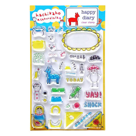 The first collaboration, "happy diary," is a clear stamp set featuring Hachikaho's signature design.

The book is packed with easy-to-use designs and words, as well as plenty of ways to enjoy clear stamps in your own way. hachikaho and Sakurala will be introducing ways to use these clear stamps and ideas on their Instagram, YouTube, and blogs, so please take a look. I hope you'll enjoy some clear stamp time with me!