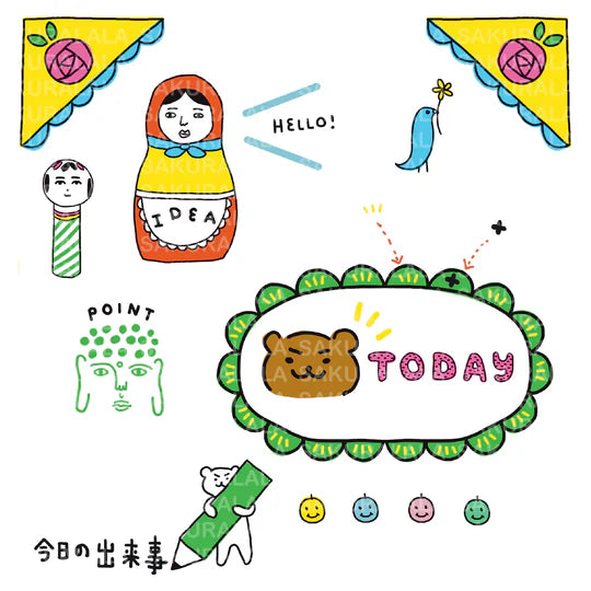 The first collaboration, "happy diary," is a clear stamp set featuring Hachikaho's signature design.

The book is packed with easy-to-use designs and words, as well as plenty of ways to enjoy clear stamps in your own way. hachikaho and Sakurala will be introducing ways to use these clear stamps and ideas on their Instagram, YouTube, and blogs, so please take a look. I hope you'll enjoy some clear stamp time with me!