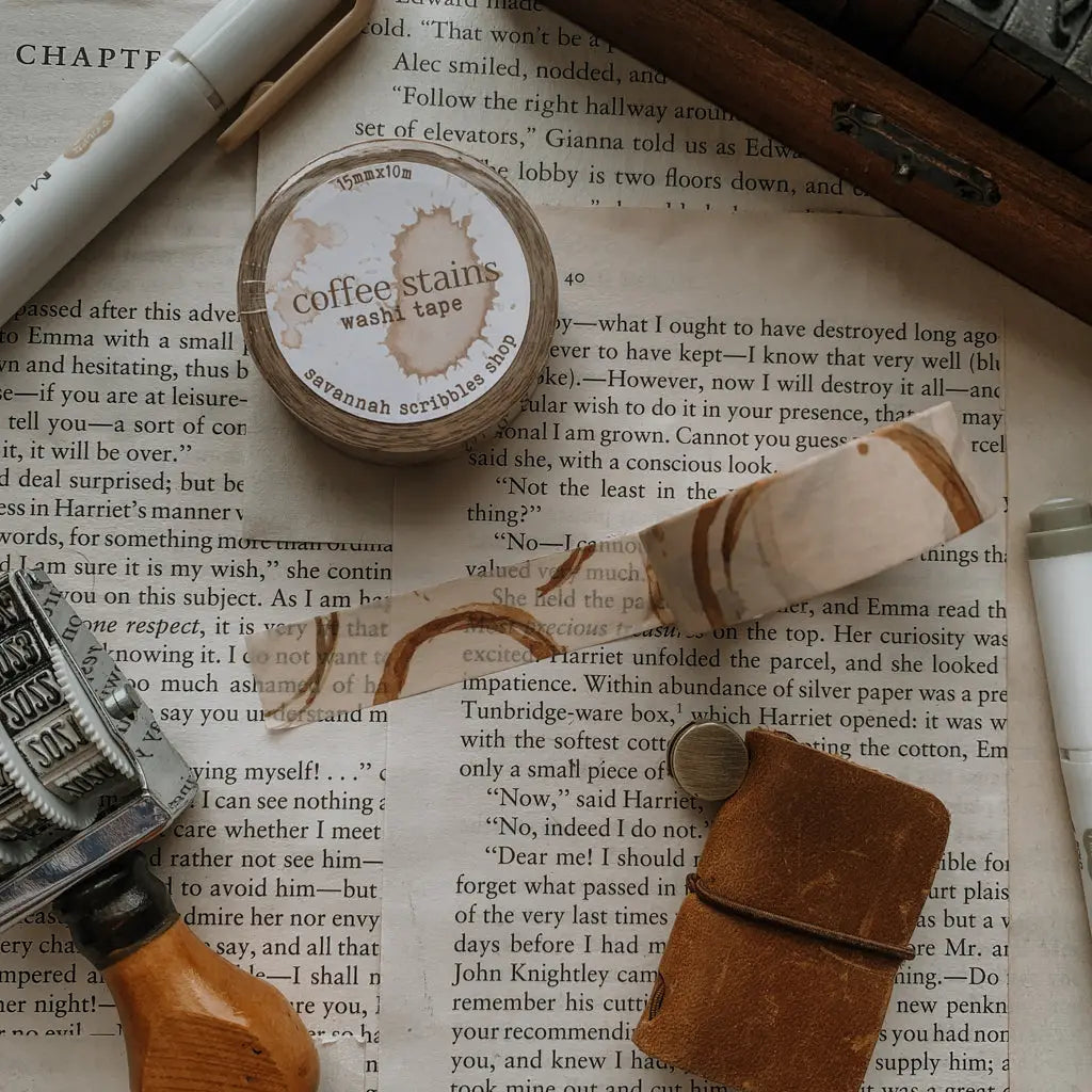 Washi tape with coffee stains made for journaling, scrapbooking, &amp; planning!

removable but not waterproof
15mm x 10m

color may vary slightly from your monitor
made in-house and handled with cozy care